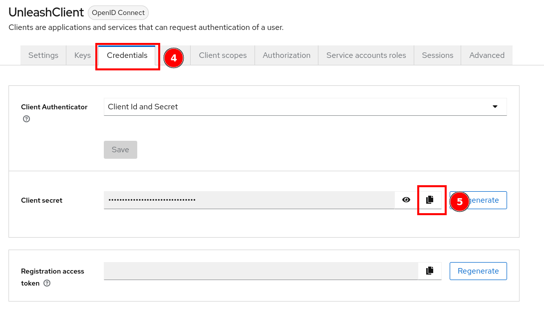 The Keycloak credentials configuration with copy client secret highlighted.